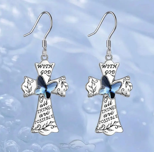 With God All Things Are Possible Cross Earrings