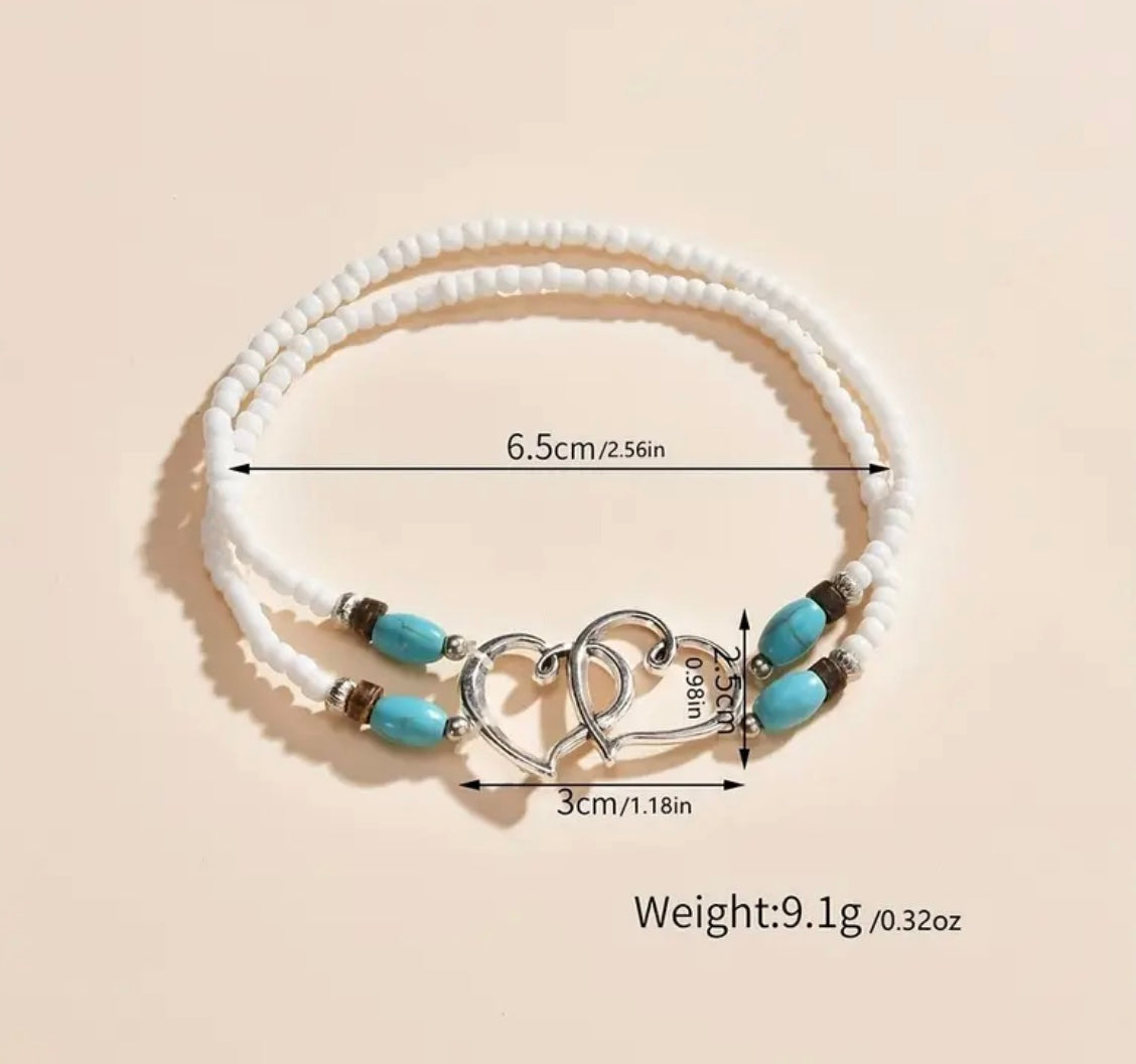 Elegant Boho Heart Charm Elasticated Ankle Bracelet- White or Black Beads