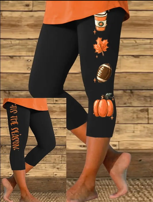 Vibrant Football & Pumpkin Print Skinny Cropped Leggings