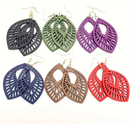 Colorful Leaf Shaped Wooden Dangle Earrings