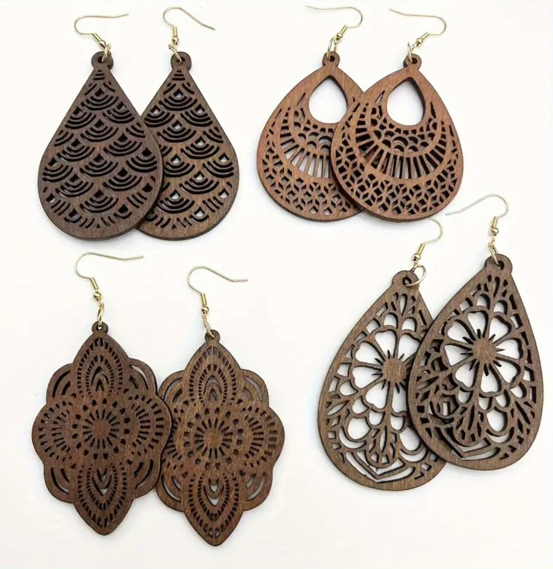 Beautiful Wooden Vintage Carved Earrings - 4 different patterns