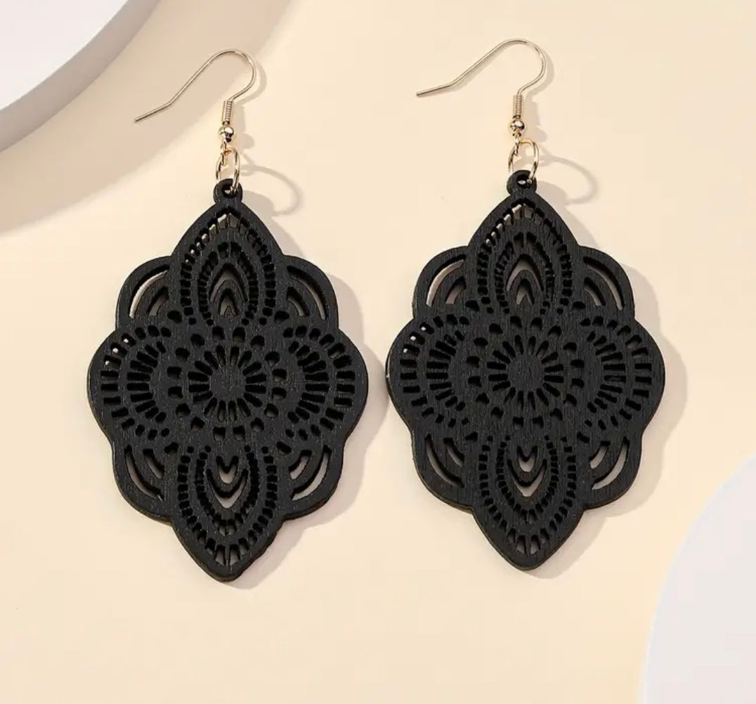 Black Carved Flower Pattern Wooden Dangle Earrings