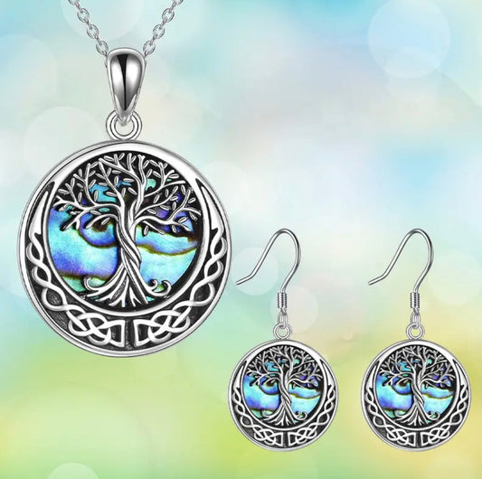3pcs Beautiful Tree Of Life Round Pendant Necklace & Earrings Set
