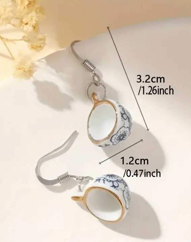 Elegant Floral Tea Cup Dangle Earrings - Silver or Gold Ear Hook