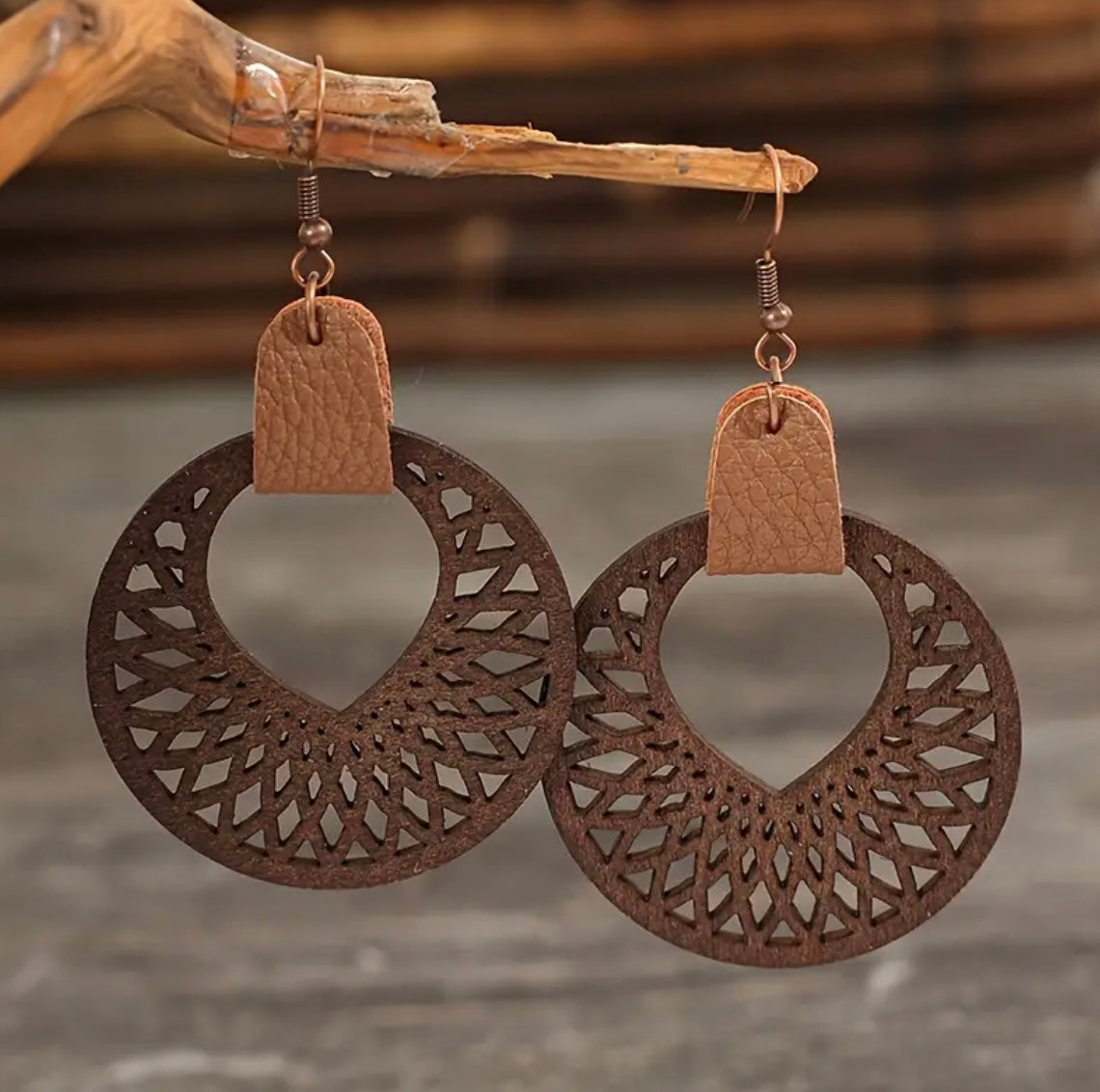 Beautiful Vintage Carved Pattern Wooden Dangle Earrings