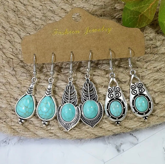 3 Pairs Turquoise Dangle Earrings