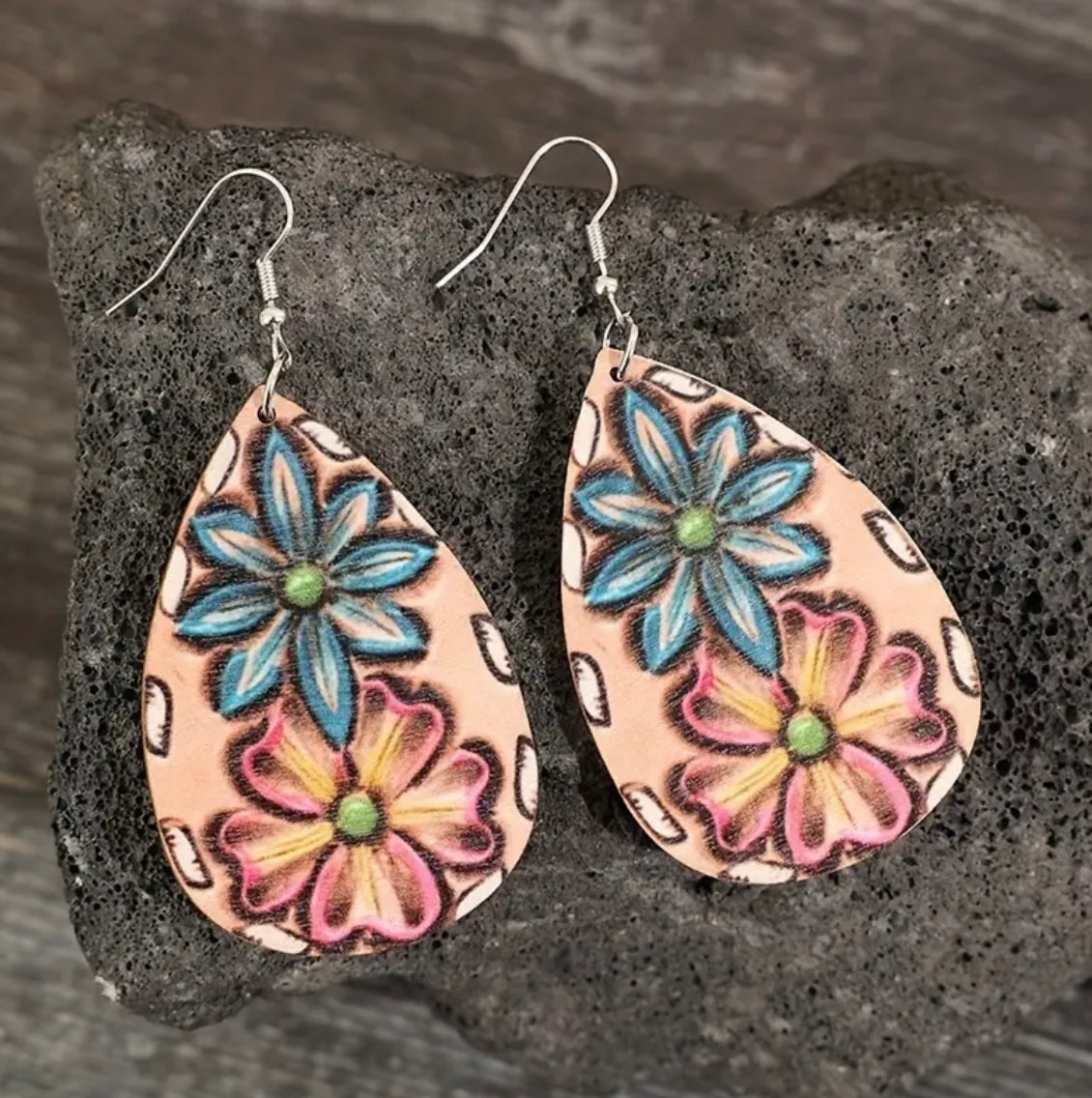 Colorful Flower Pattern Wooden Dangle Earrings