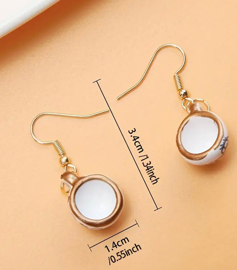 Elegant Floral Tea Cup Dangle Earrings - Silver or Gold Ear Hook