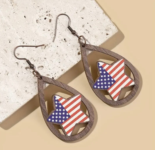 Beautiful American Flag Star Wood Earrings