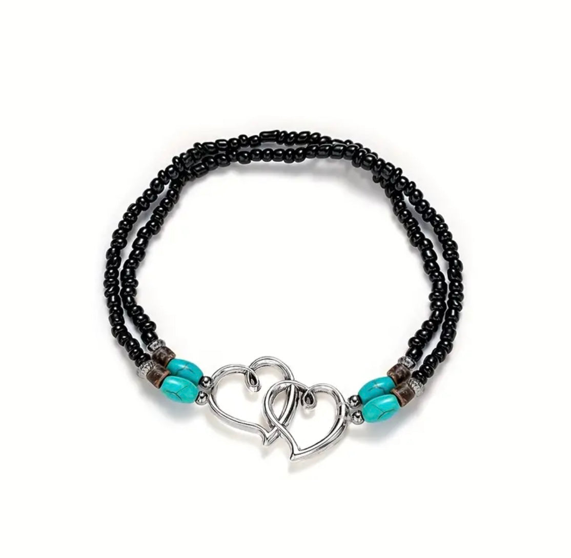 Elegant Boho Heart Charm Elasticated Ankle Bracelet- White or Black Beads
