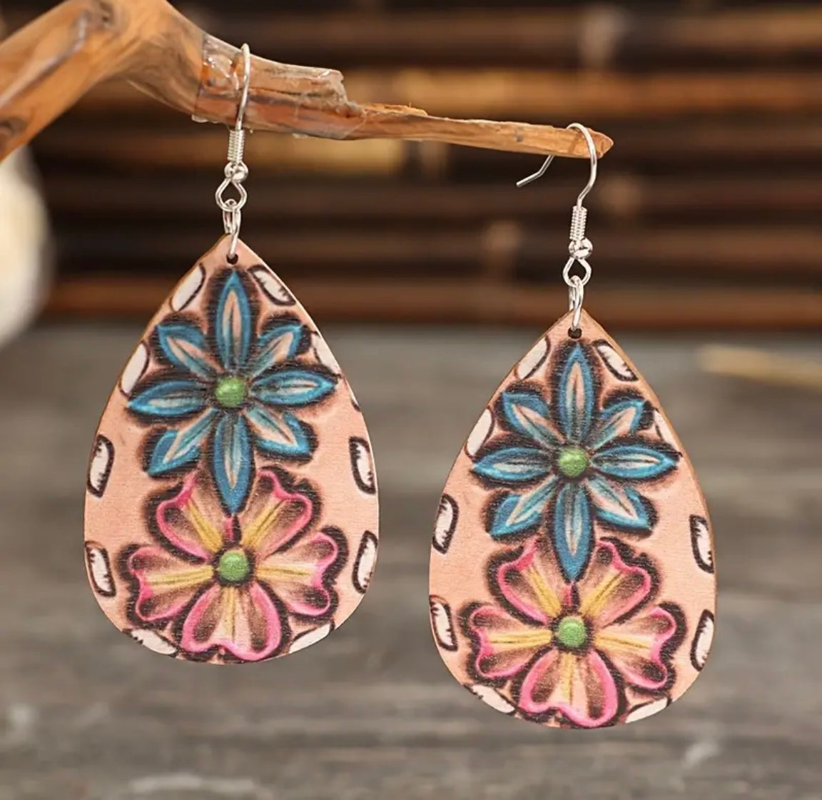 Colorful Flower Pattern Wooden Dangle Earrings