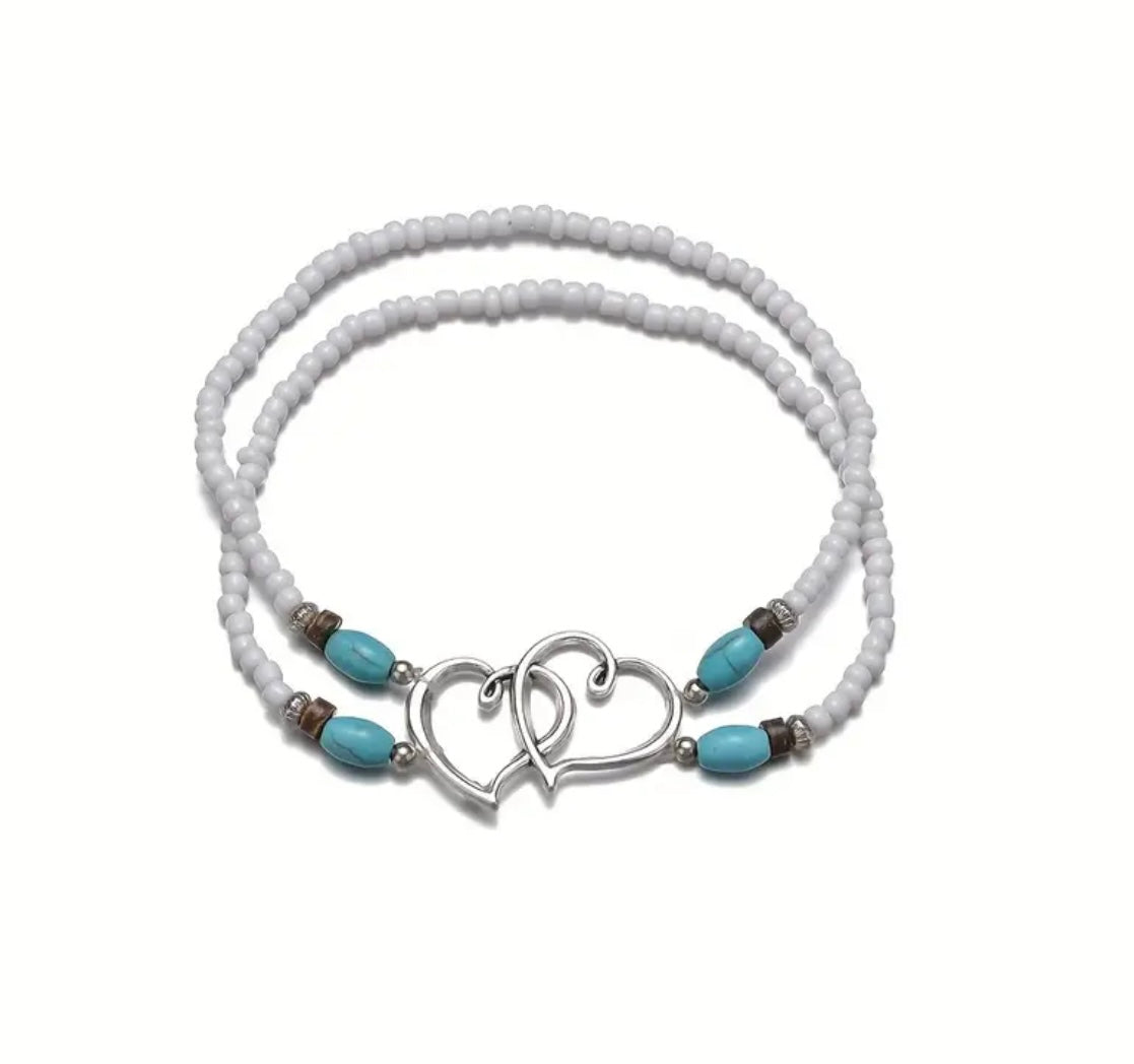 Elegant Boho Heart Charm Elasticated Ankle Bracelet- White or Black Beads