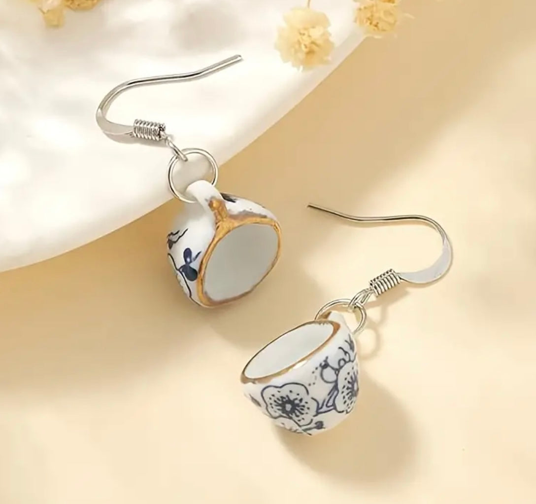 Elegant Floral Tea Cup Dangle Earrings - Silver or Gold Ear Hook