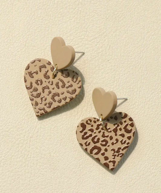 Adorable Heart Shape Dangle Earrings - Heart Shape Coffee Color Leopard Pattern