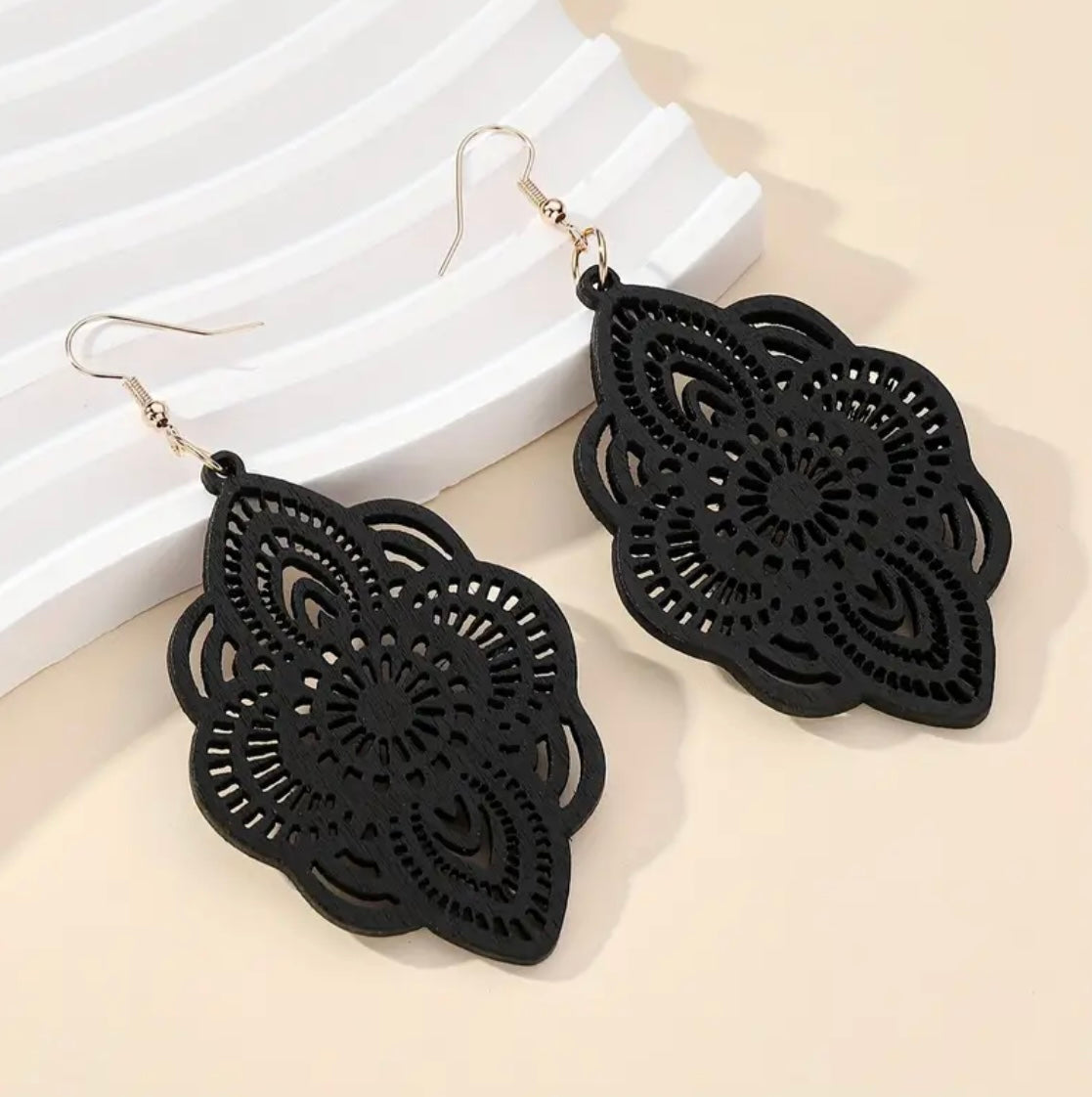 Black Carved Flower Pattern Wooden Dangle Earrings