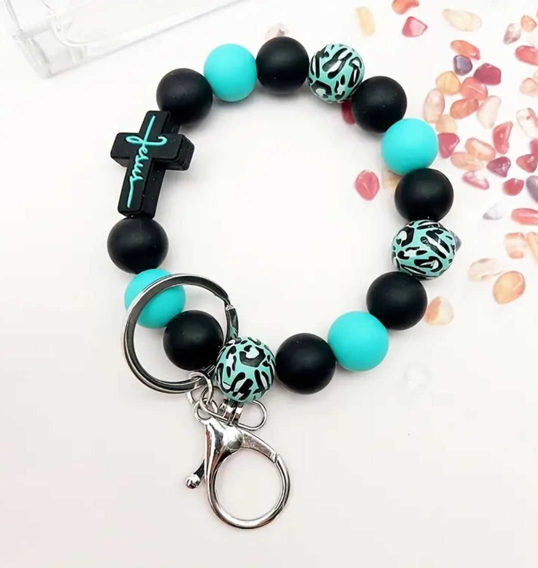 Chic Leopard Print & Wooden Bead Silicone Wristlet Keychain