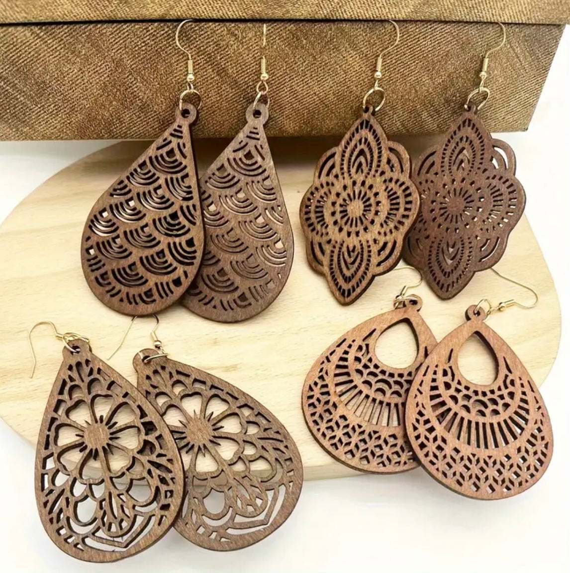 Beautiful Wooden Vintage Carved Earrings - 4 different patterns