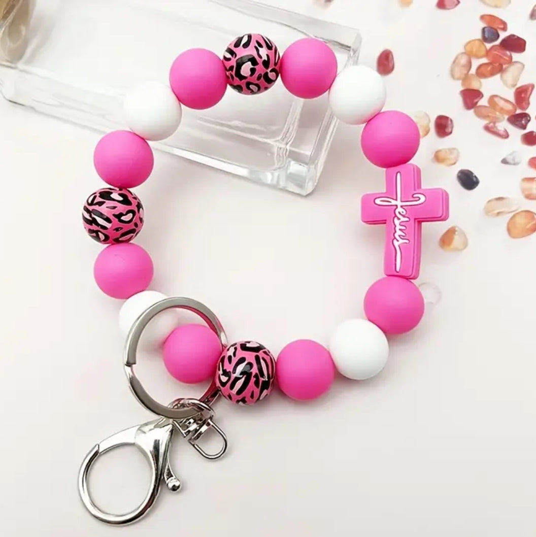 Chic Leopard Print & Wooden Bead Silicone Wristlet Keychain