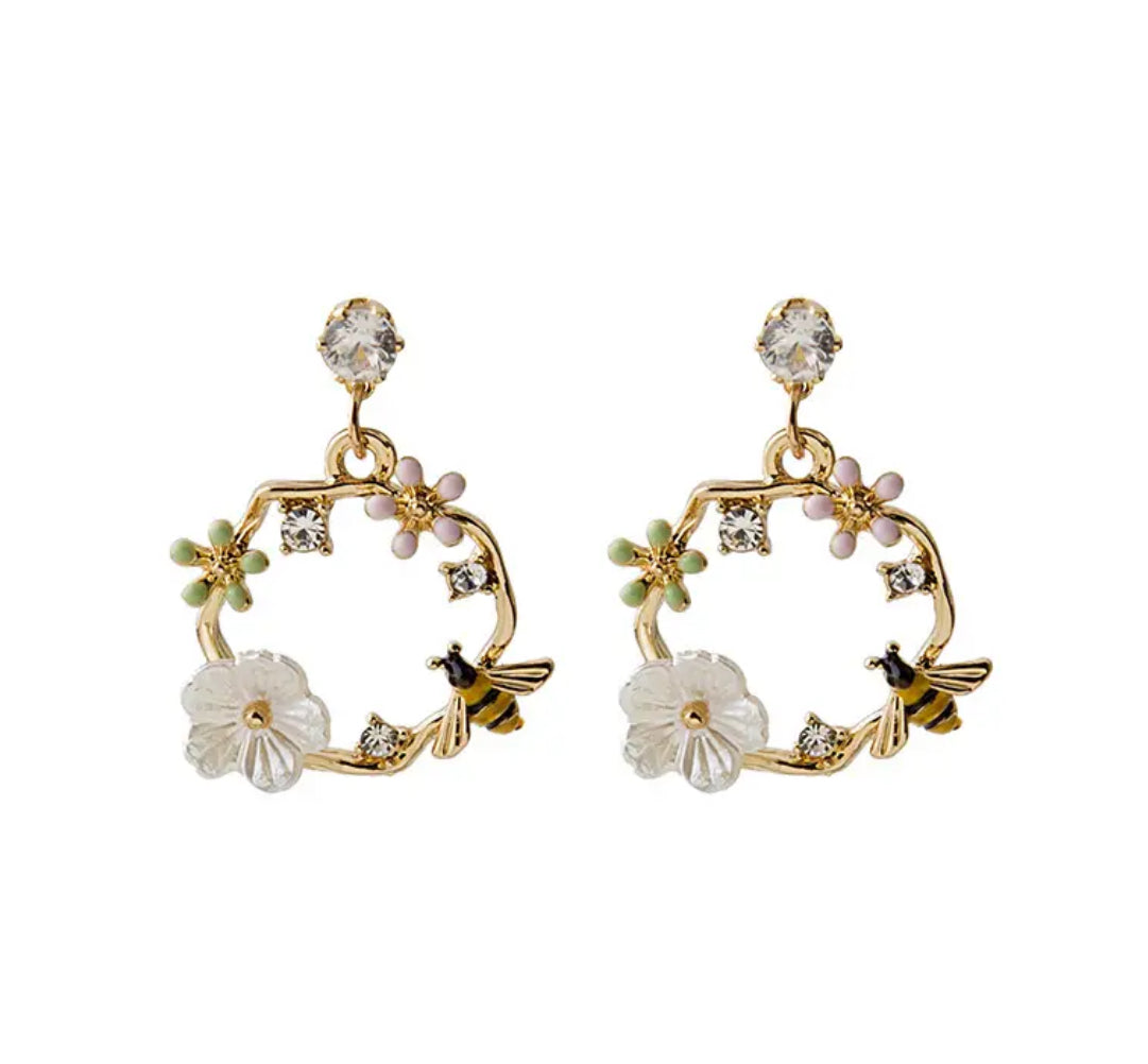 Flower & Bee Rhinestone Drop Earrings