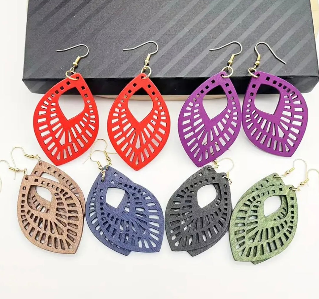 Colorful Leaf Shaped Wooden Dangle Earrings