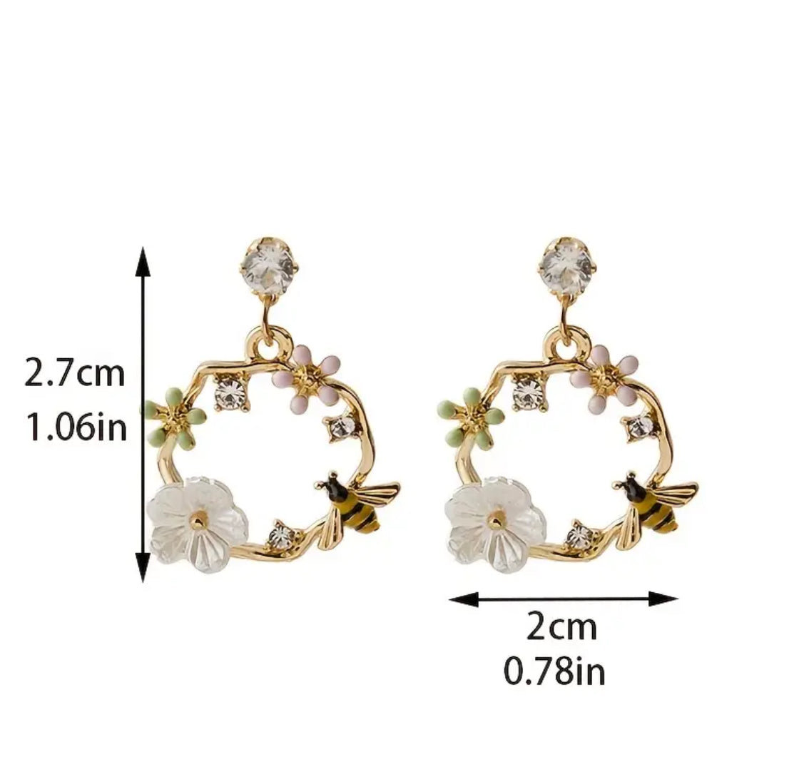 Flower & Bee Rhinestone Drop Earrings