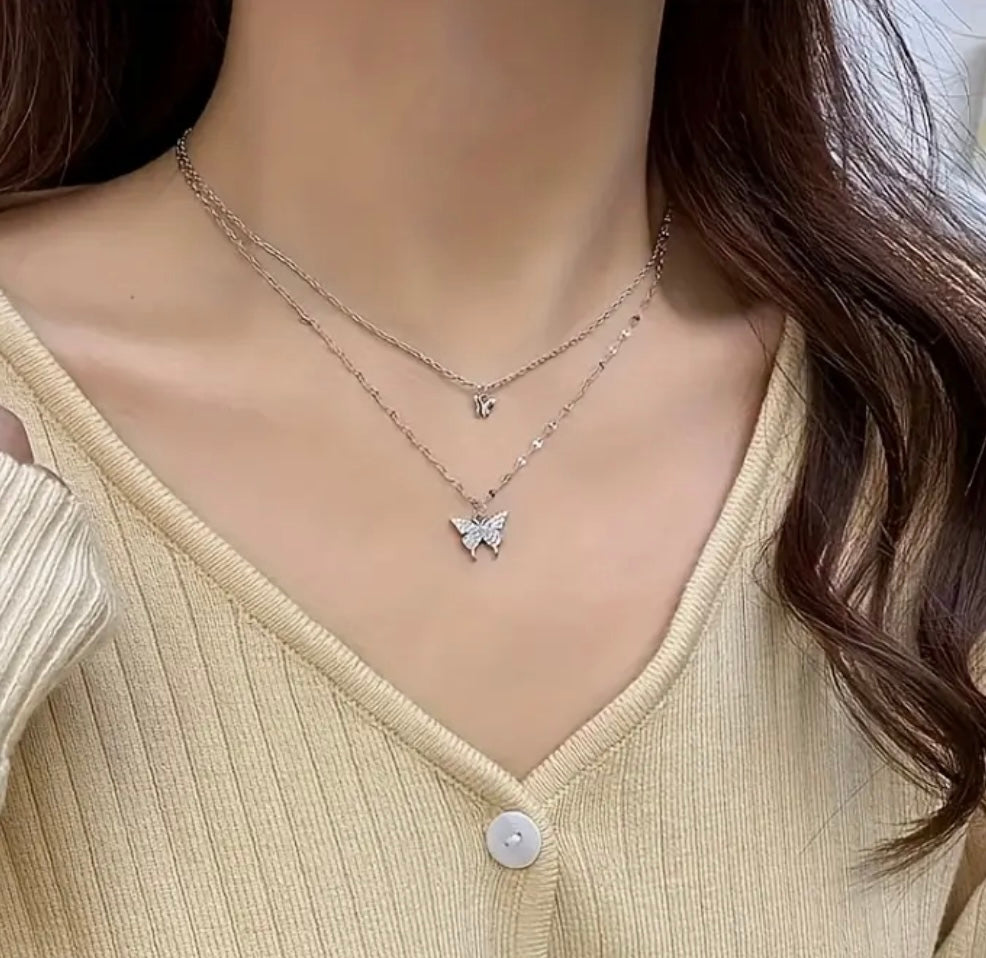 Beautiful Double Layer Butterfly Necklace- Silver and Gold