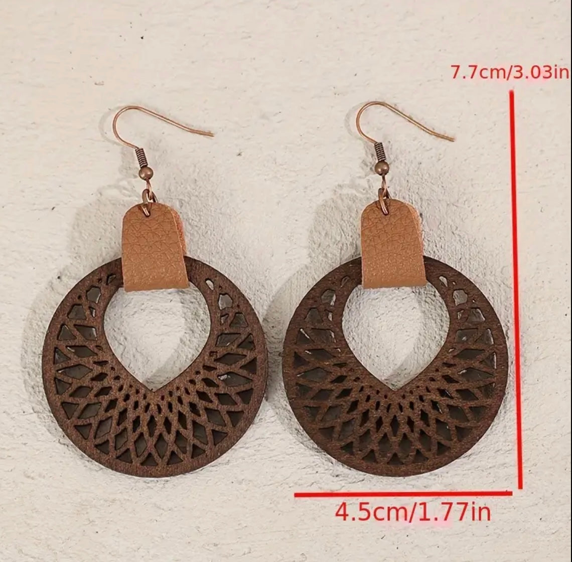 Beautiful Vintage Carved Pattern Wooden Dangle Earrings