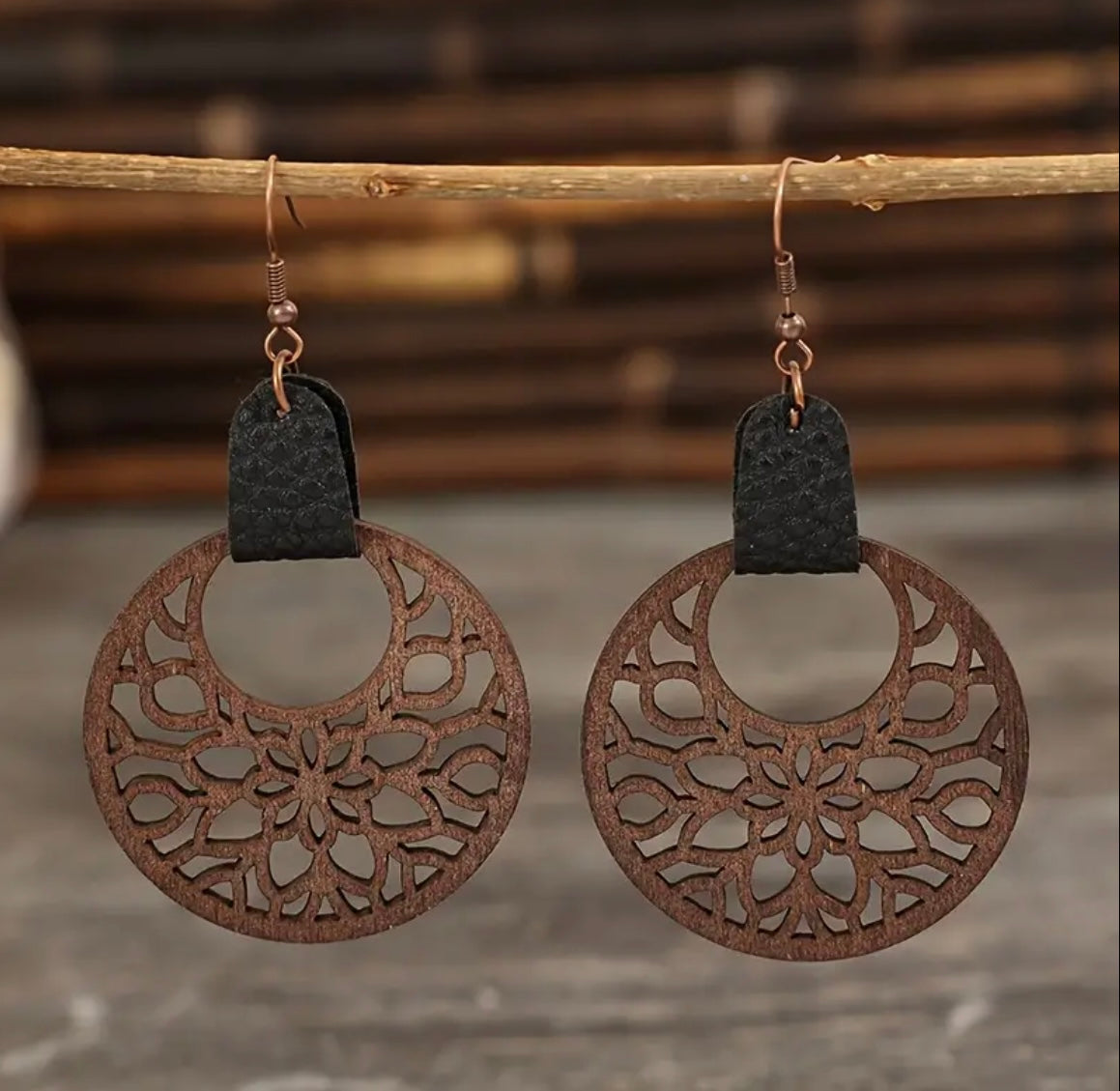 Beautiful Vintage Carved Pattern Wooden Dangle Earrings with Black Leather