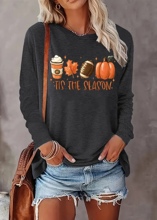 ‘Tis The Season- Pumpkin, Coffee, Leaf and Football Print Crew Neck Casual Long Sleeve Tee