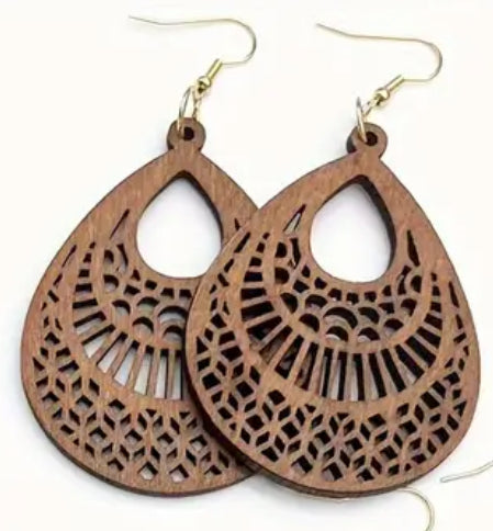 Beautiful Wooden Vintage Carved Earrings - 4 different patterns