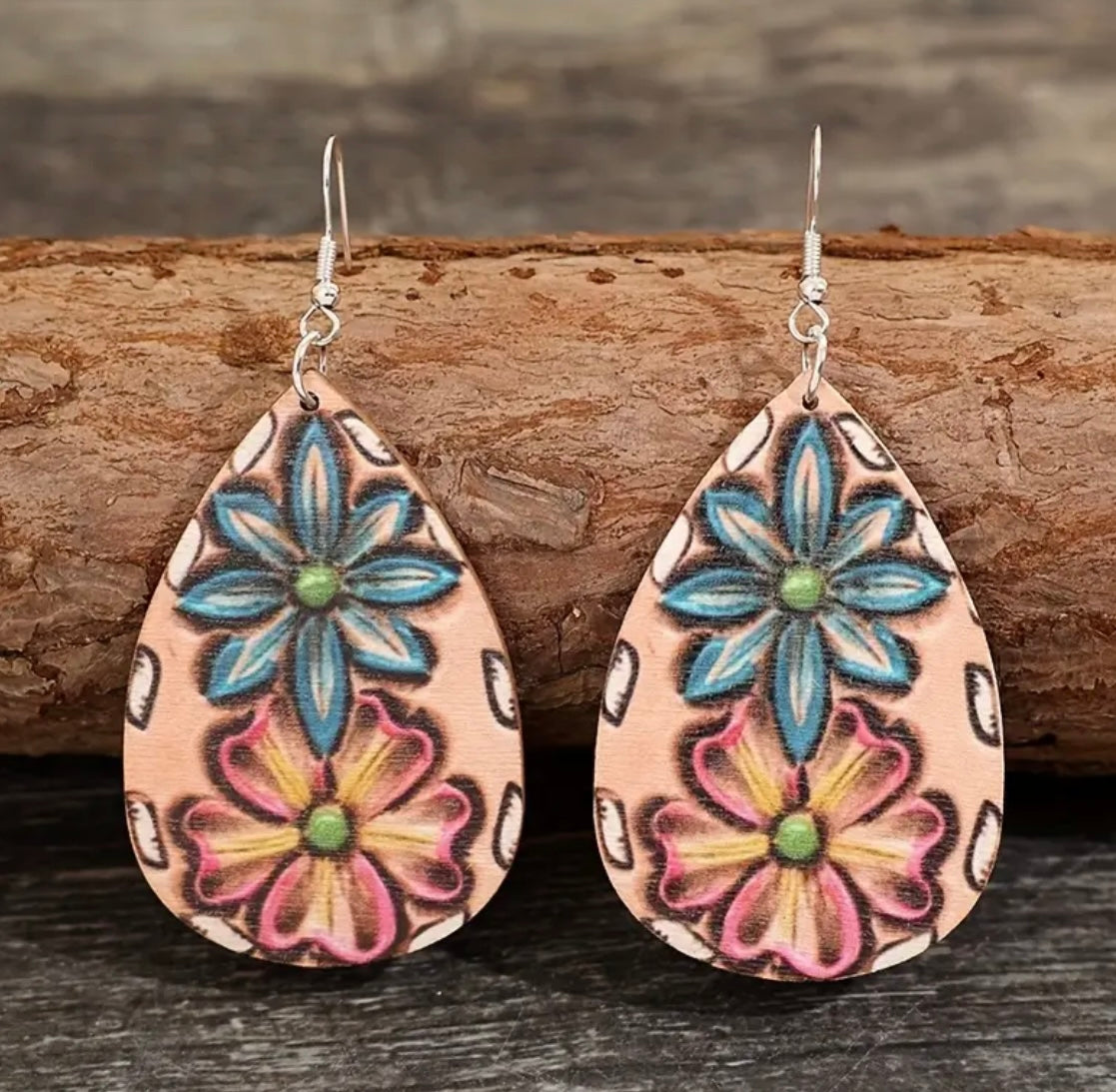 Colorful Flower Pattern Wooden Dangle Earrings