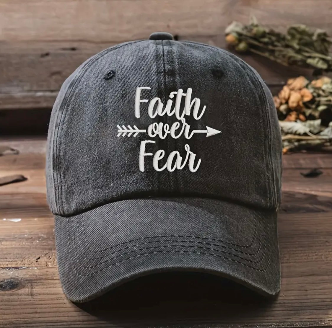 Faith Over Fear Embroidered Distressed Hat