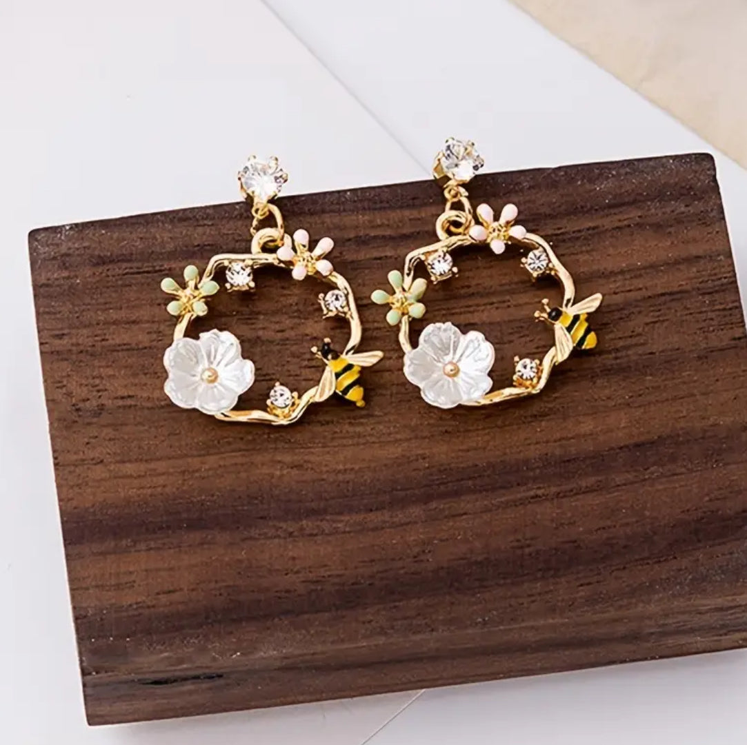 Flower & Bee Rhinestone Drop Earrings