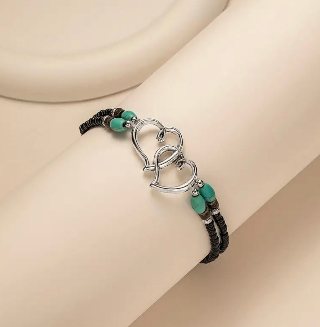 Elegant Boho Heart Charm Elasticated Ankle Bracelet- White or Black Beads