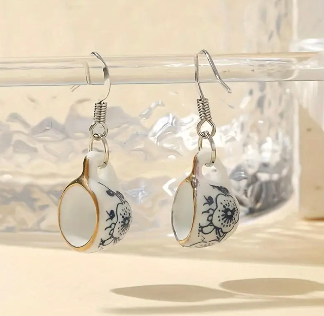Elegant Floral Tea Cup Dangle Earrings - Silver or Gold Ear Hook