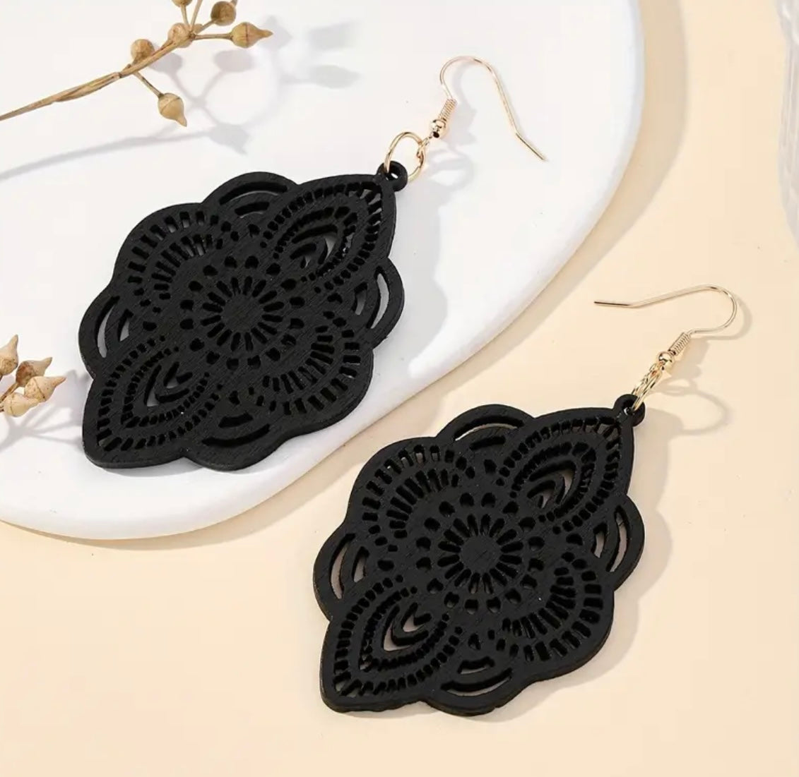 Black Carved Flower Pattern Wooden Dangle Earrings