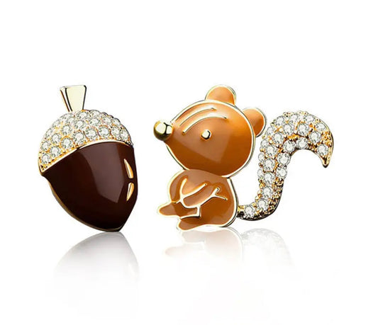 Adorable Squirrel and Acorn Stud Earrings with Sparkling Embellishments