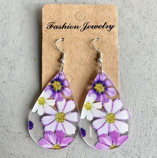 Droplet Shape Flower Pattern Dangle Earrings