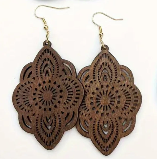 Beautiful Wooden Vintage Carved Earrings - 4 different patterns