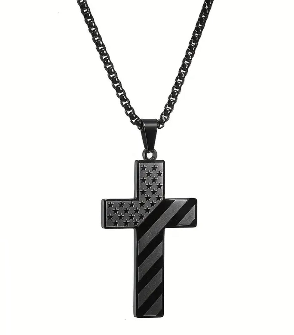 Cross Necklace with American Flag on Front and Bible Verse on Back - 2 options