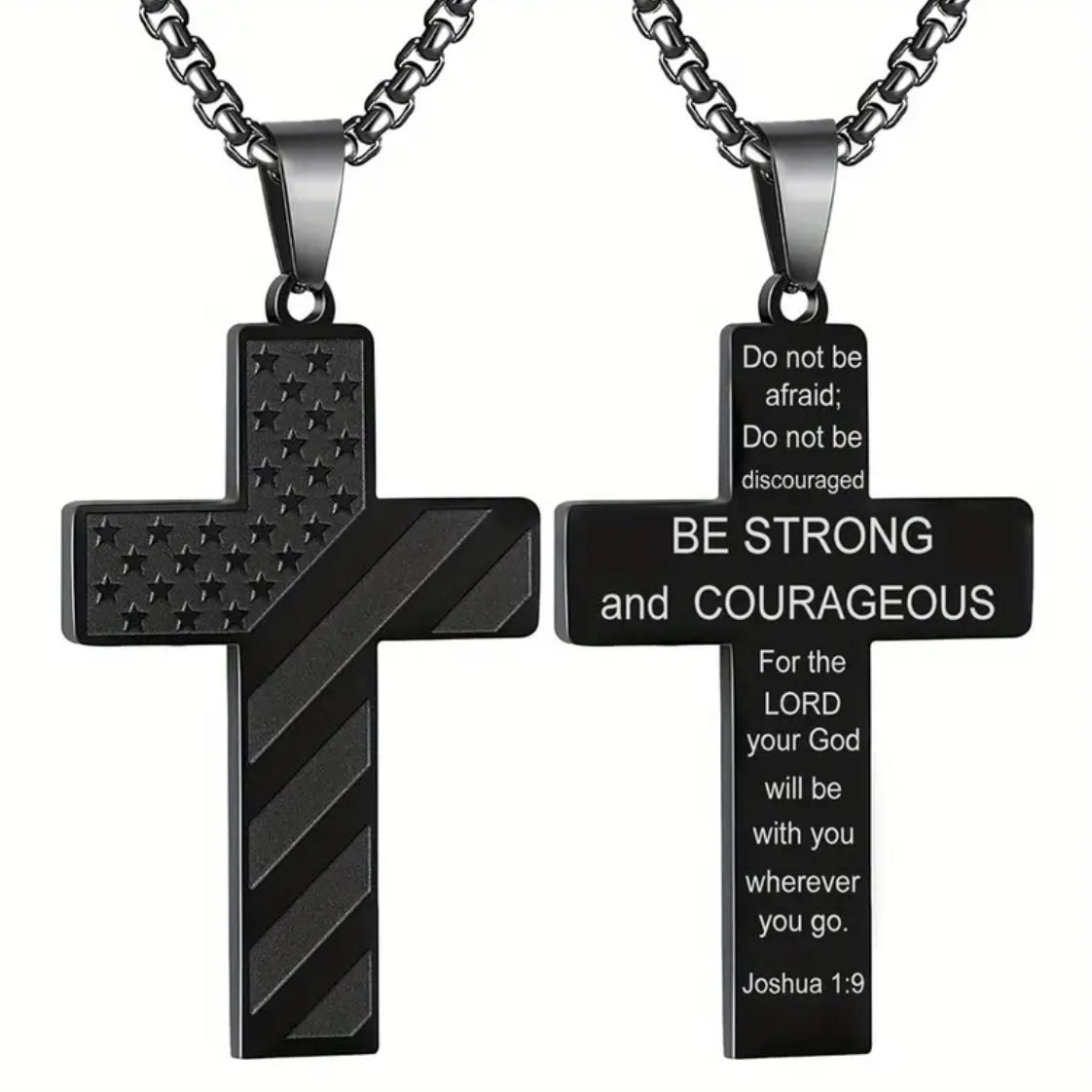 Cross Necklace with American Flag on Front and Bible Verse on Back - 2 options