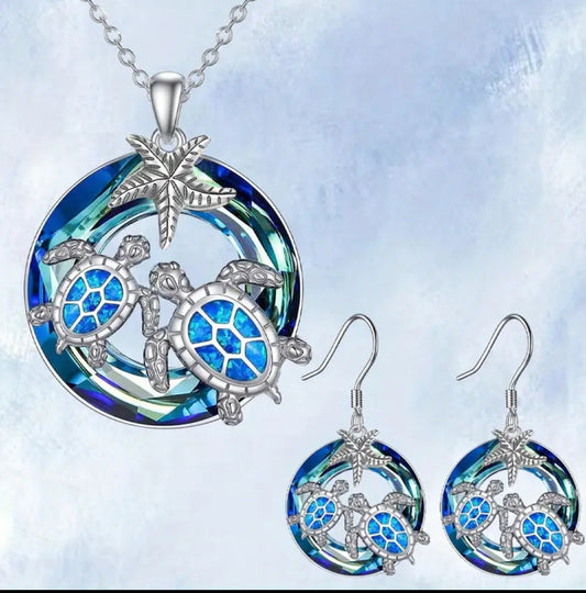 Beautiful 3pcs Sea Turtles And Starfish Round Earrings & Necklace Set