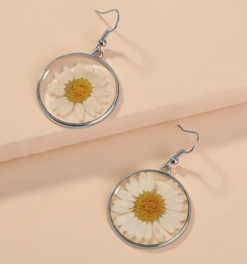 Beautiful White Chrysanthemum Circle Earrings- Gold or Silver