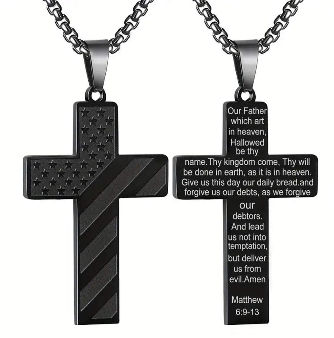 Cross Necklace with American Flag on Front and Bible Verse on Back - 2 options