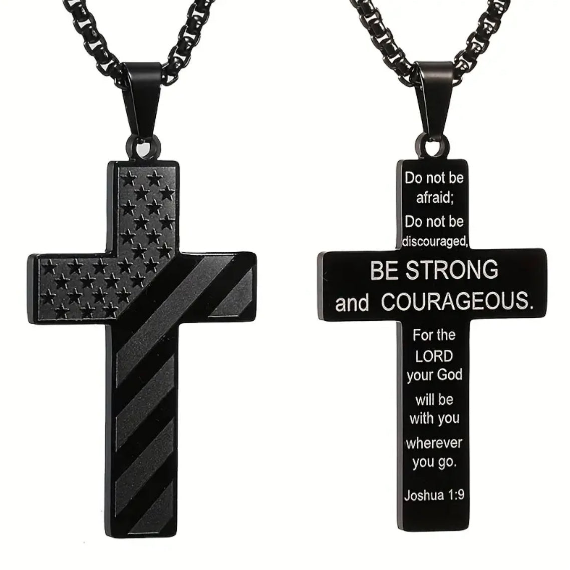 Cross Necklace with American Flag on Front and Bible Verse on Back - 2 options