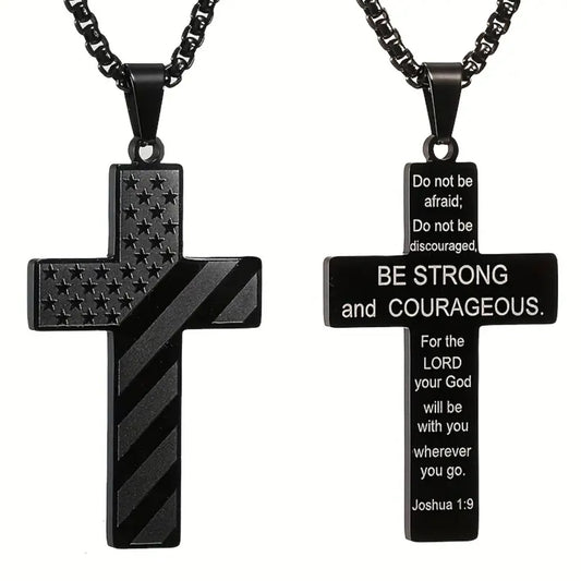 Cross Necklace with American Flag on Front and Bible Verse on Back - 2 options